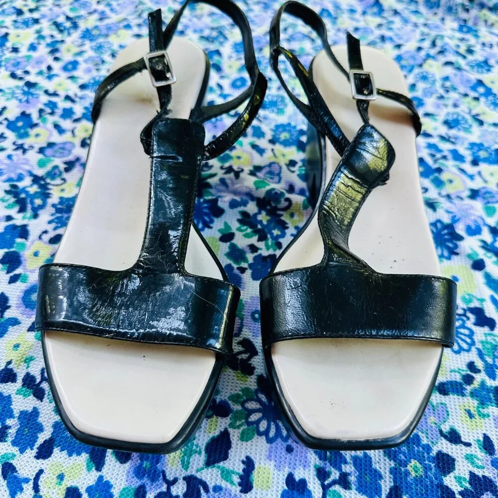 Nine West Black Patent Leather Platform Sandals Slingback Womens 8 Y2K